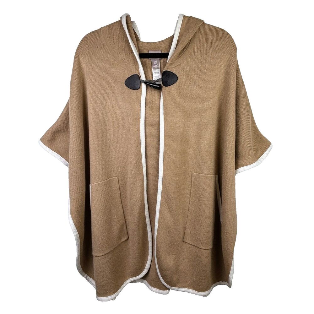 Chico’s Knit Poncho Cape Tan Cardigan Sweater Hooded Lagenlook Women One Size